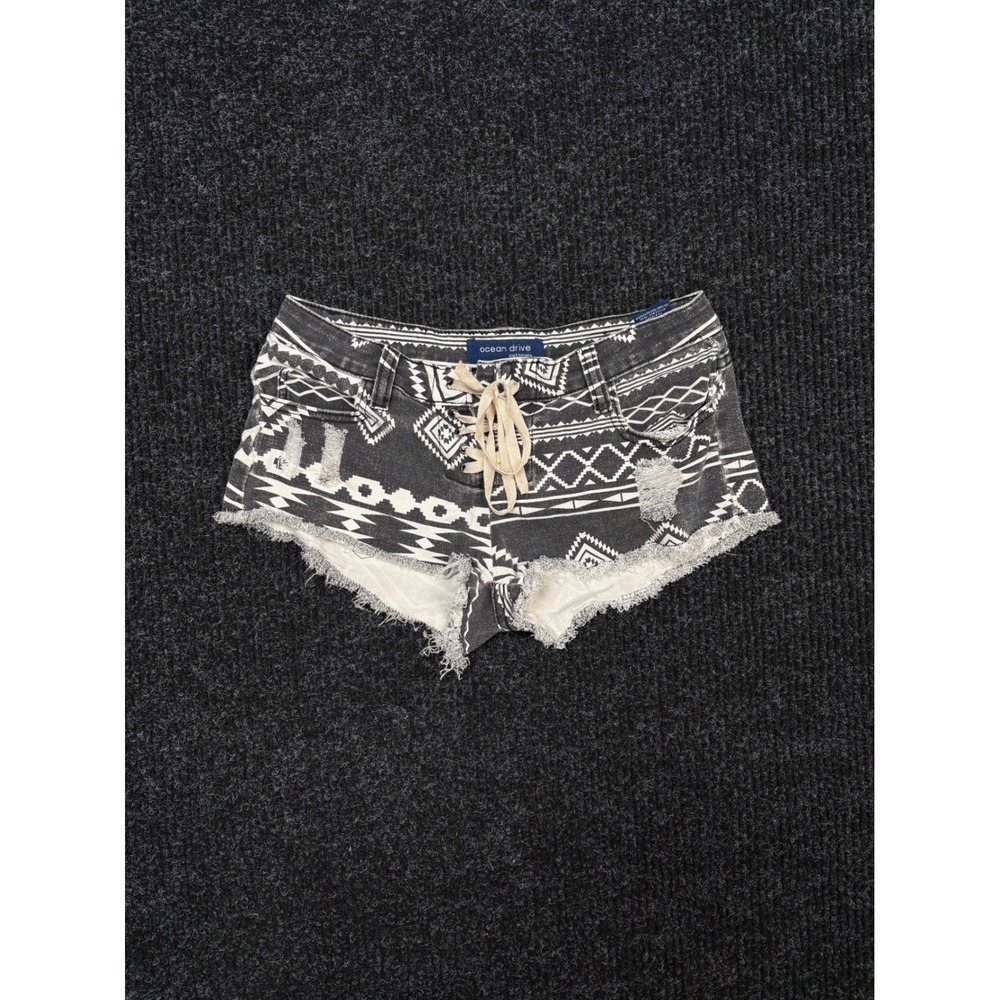 Ocean Drive Tribal Print Lace Up Denim Shorts Black White Distressed Size 1